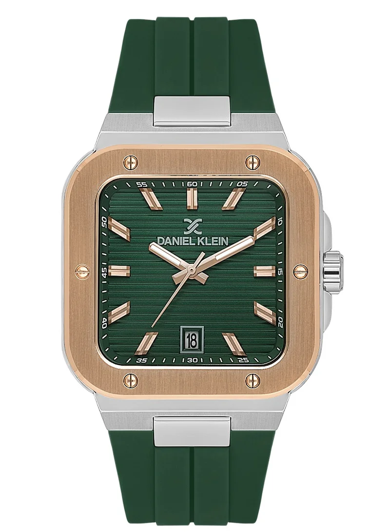 DANIEL KLEIN Men's Silicone Band Silver and Rose Gold Brass Case Analog Dark Green Square Emboss Dial Japanese Quartz Premium 50 Meters Water Resistant